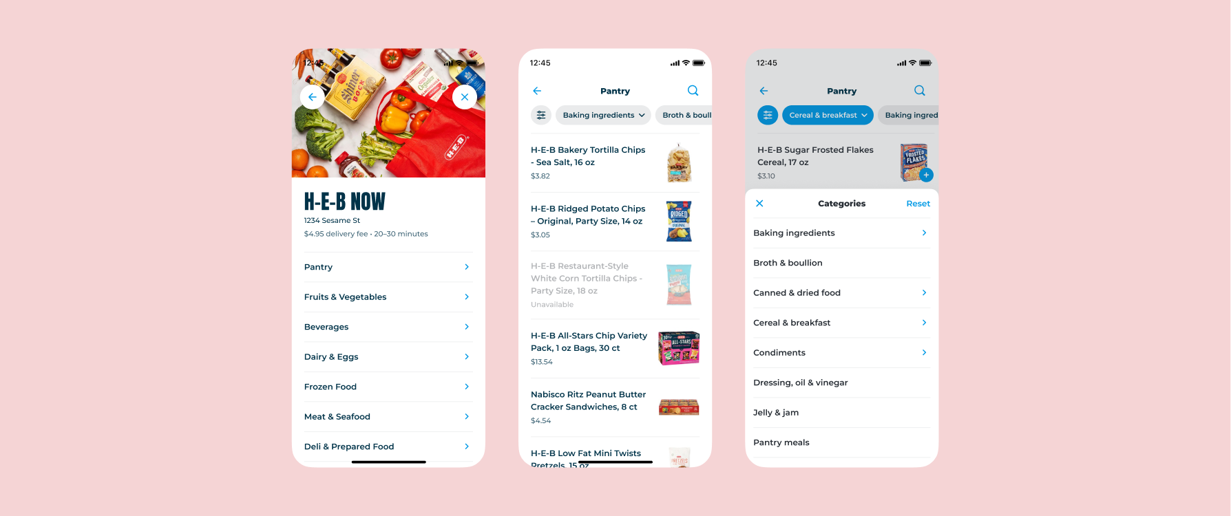 Screenshots of subcategory filters on an H-E-B Now menu on Favor